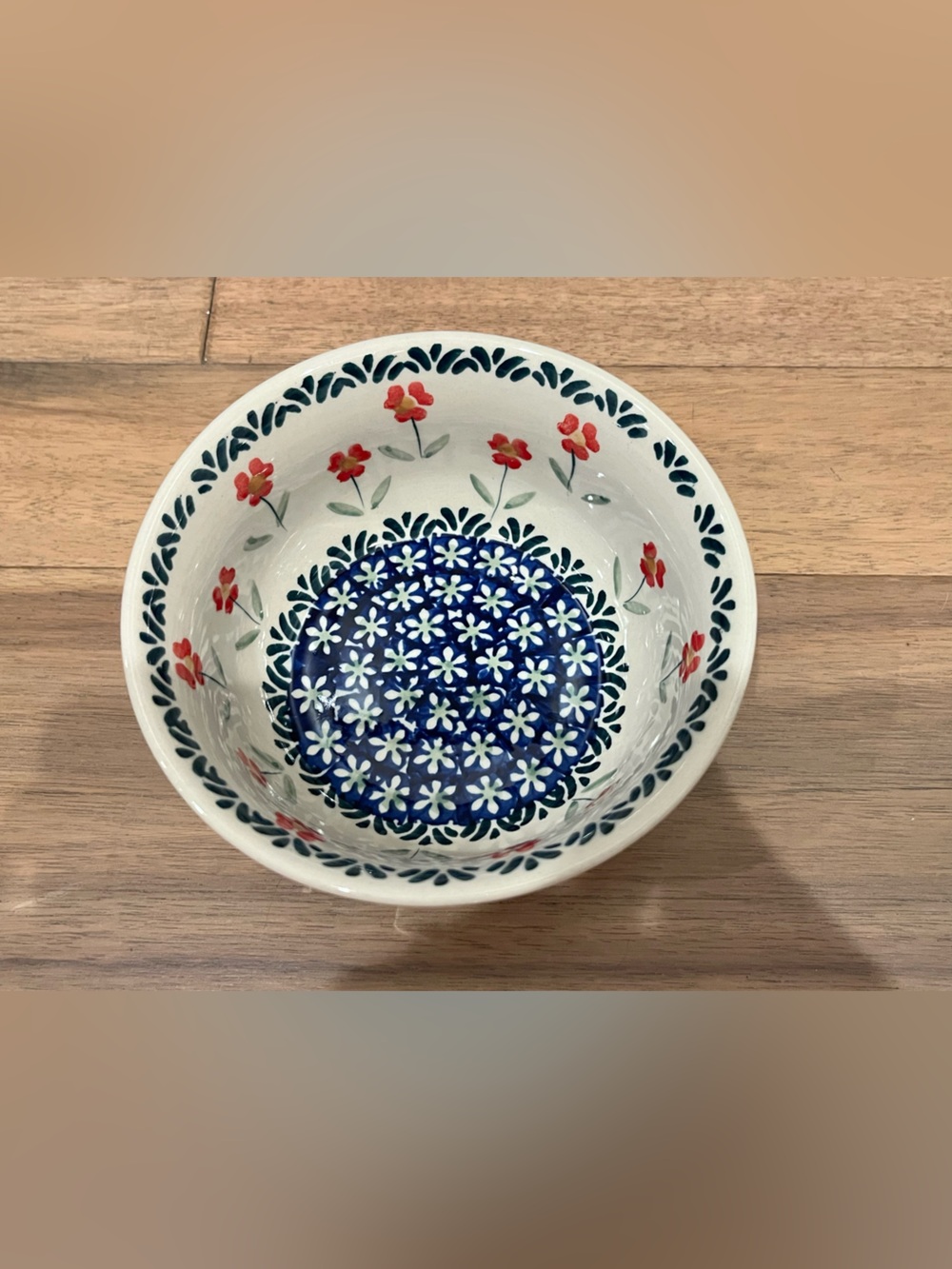 Polish Pottery Bowl in Blue and Red Floral Design